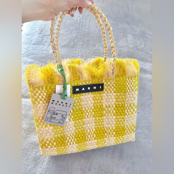 Marni Handbags - Marni Yellow Lemmon Logo Woven Wicker Tote Bag